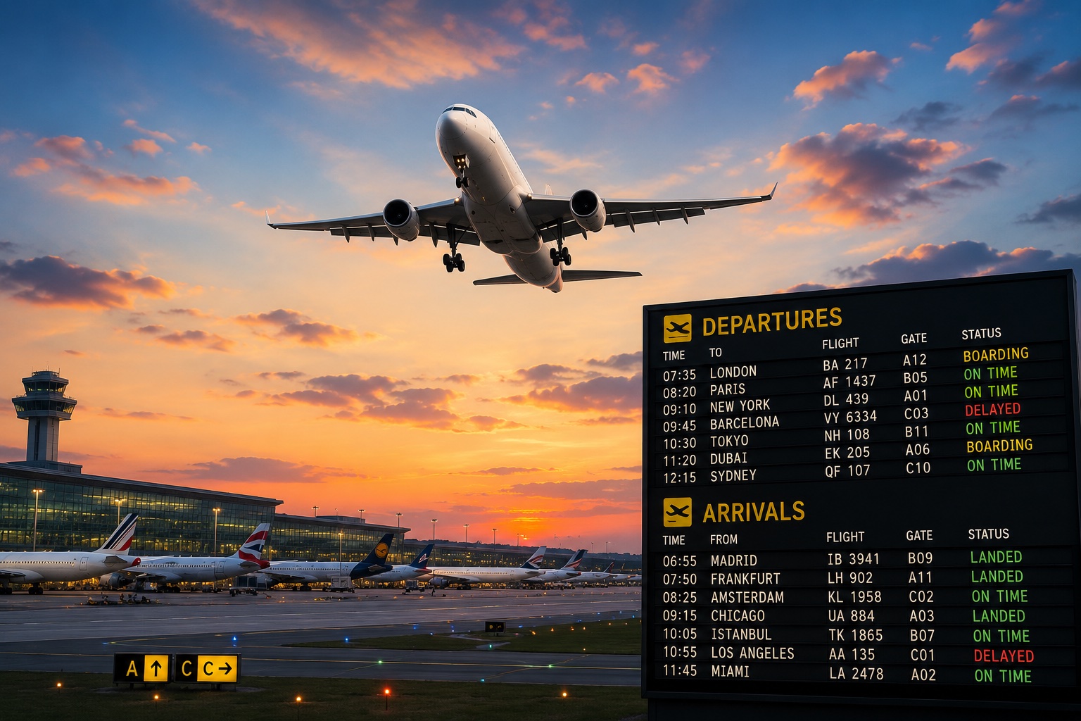 Airport runway at sunset with flight departures board and airplane