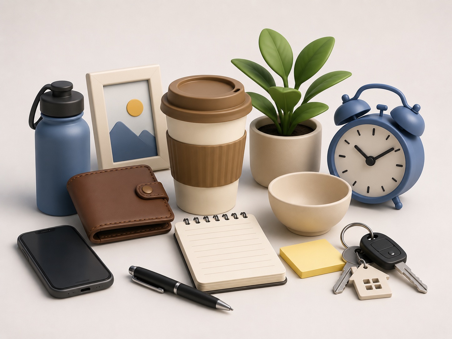 Everyday essentials including phone, notebook, coffee, wallet, keys, and clock