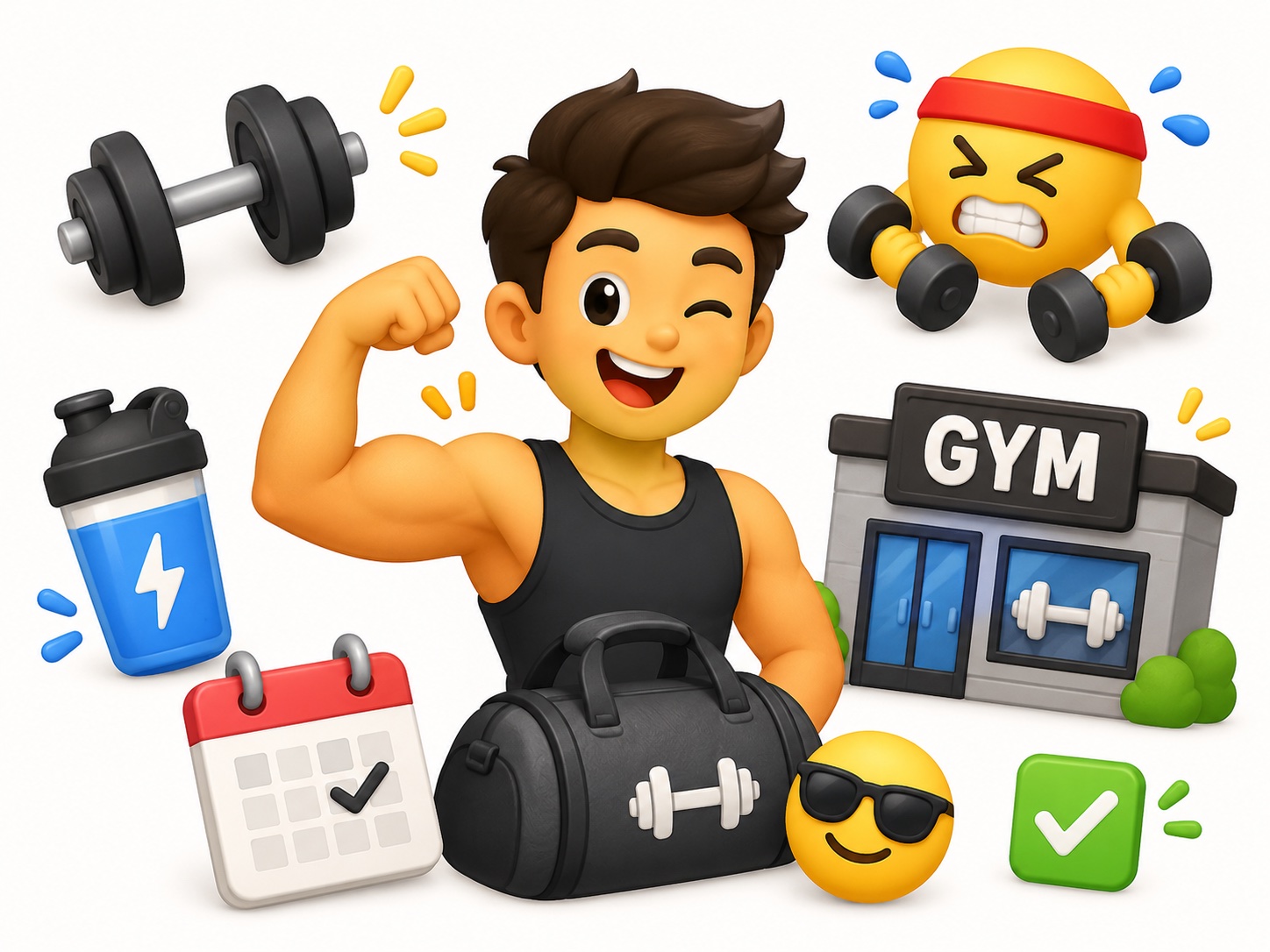 Gym workout illustration with fitness equipment, calendar, and gym bag