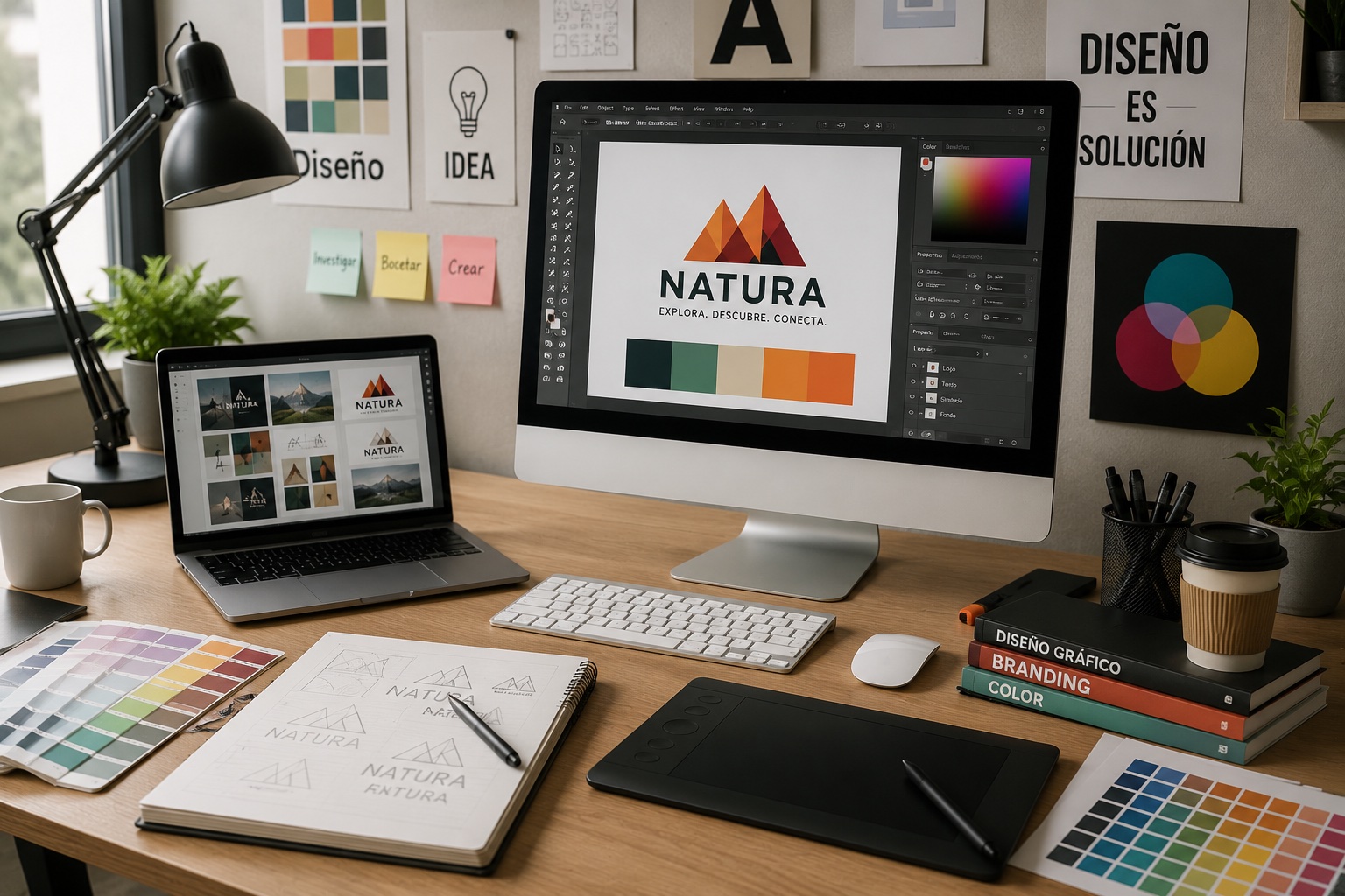 Graphic design workspace with logo concepts, color palettes, and branding tools