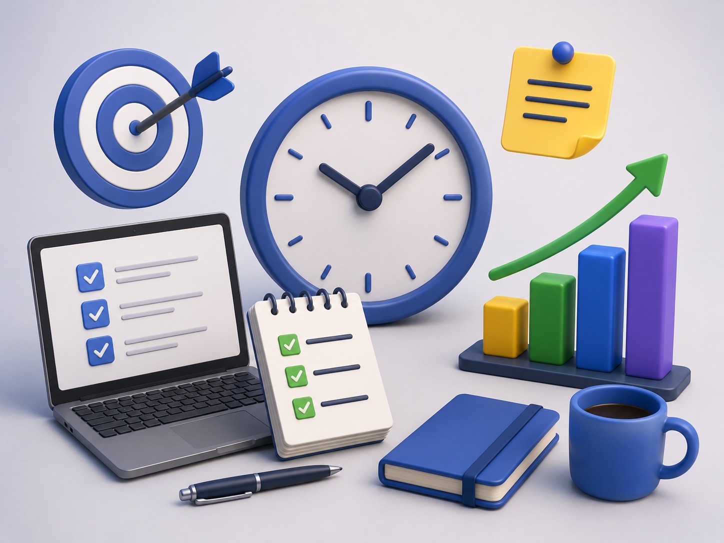 Productivity desk illustration with clock, checklist, target, and growth chart