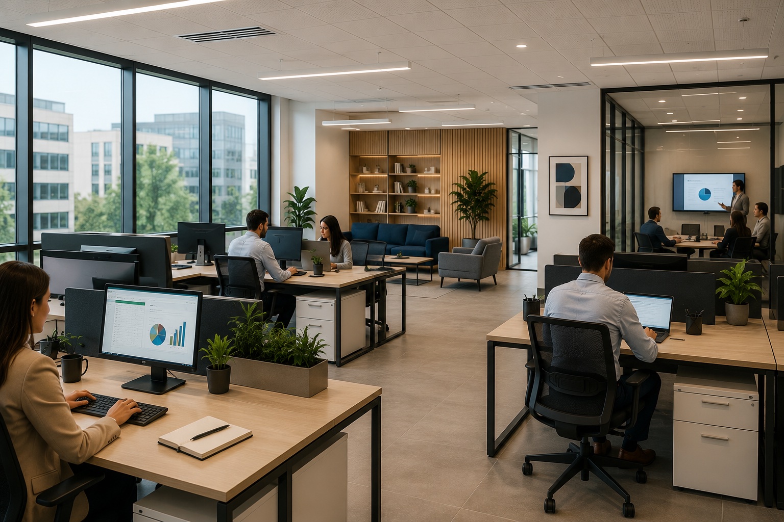 Modern small business office with desks, computers, and team meeting